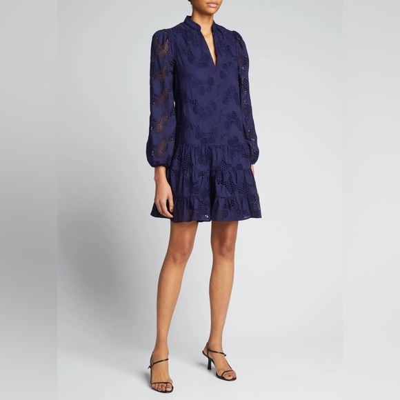 MILLY Margaret Pieres Long-Sleeve Eyelet Flounce Dress Sz 6 - Picture 1 of 12